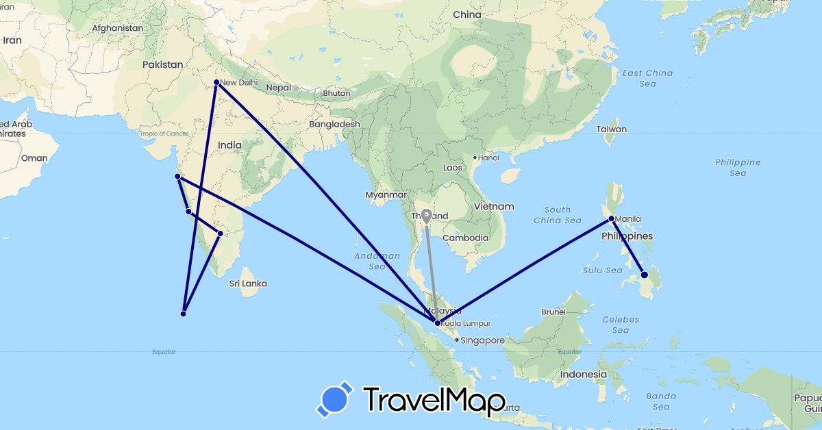 TravelMap itinerary: driving, plane in India, Maldives, Malaysia, Philippines, Thailand (Asia)