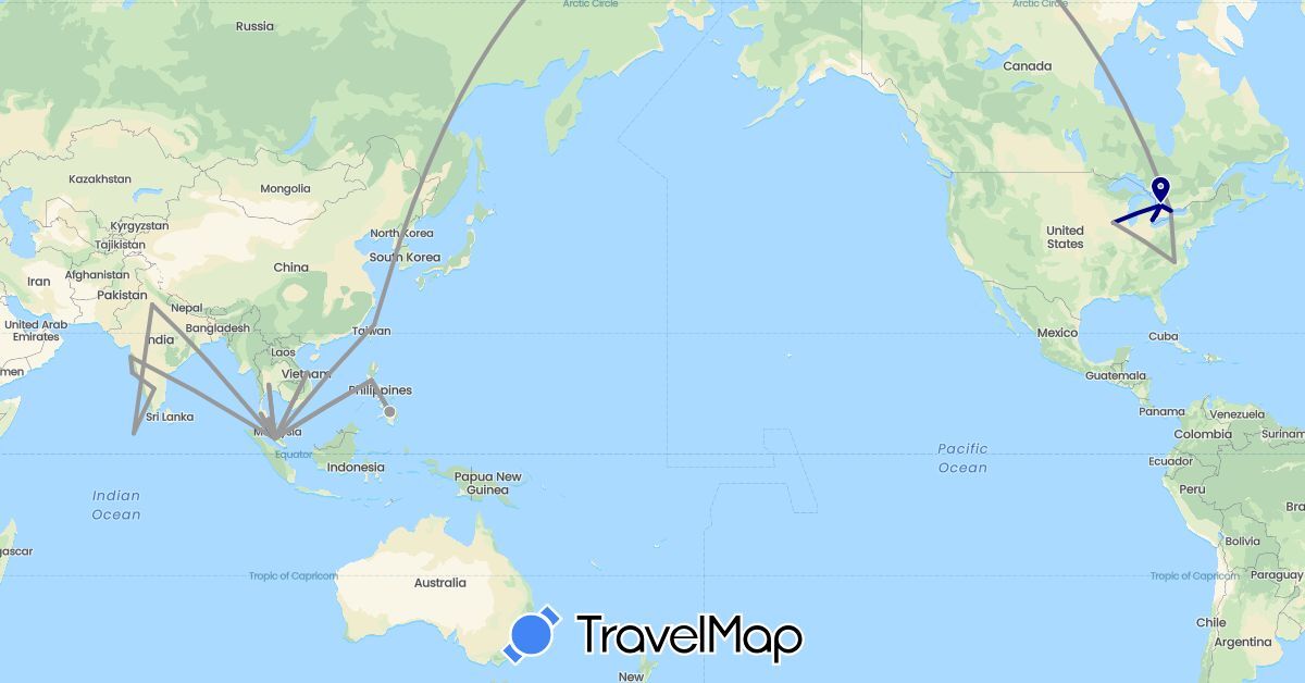 TravelMap itinerary: driving, plane in Canada, India, Maldives, Malaysia, Philippines, Thailand, Taiwan, United States, Vietnam (Asia, North America)