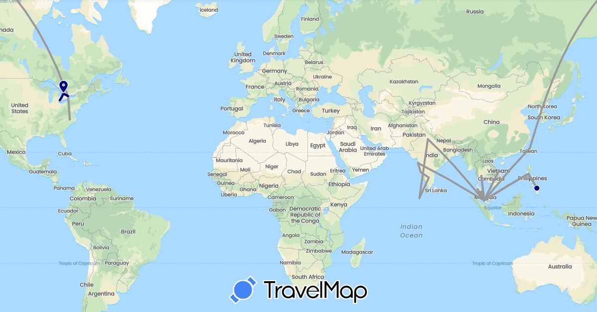 TravelMap itinerary: driving, bus, plane, boat in Canada, India, Maldives, Malaysia, Philippines, Thailand, Taiwan, United States, Vietnam (Asia, North America)